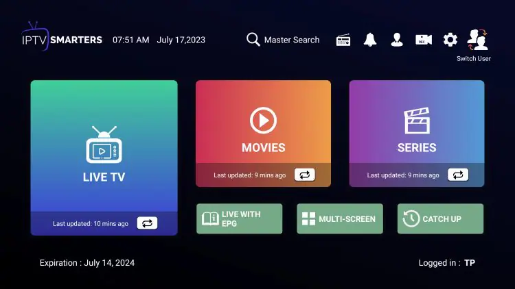Interface de l'application Smarters Pro sur une TV Interface de l'application Smarters Pro sur une TV