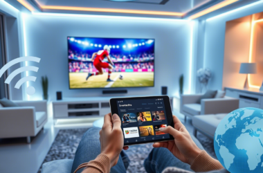 Interface de l'application Smarters Pro sur une tablette avec liste de chaînes IPTV, près d'une smart TV en 4K, symbolisant le streaming de qualité et l'accès international.