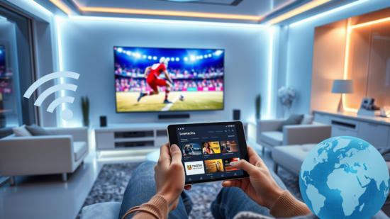 Interface de l'application Smarters Pro sur une tablette avec liste de chaînes IPTV, près d'une smart TV en 4K, symbolisant le streaming de qualité et l'accès international.