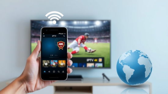 Interface IPTV Smarters Pro Android avec chaînes internationales en 4K, connexion Wi-Fi et smart TV, symbolisant un guide complet pour 2025.