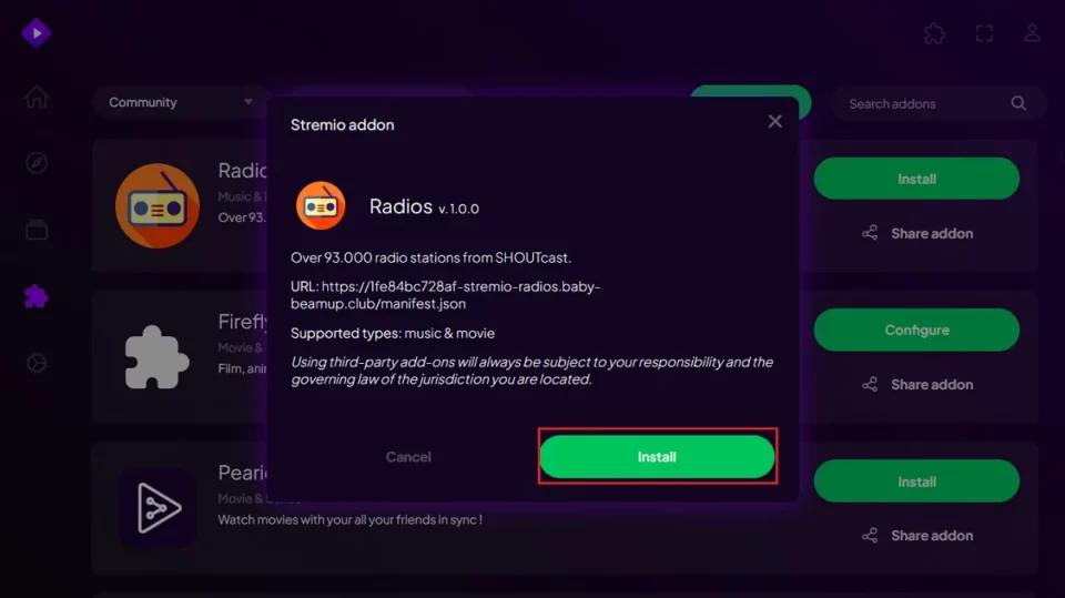 Comment Installer les Addons sur Stremio Confirmation d'installation