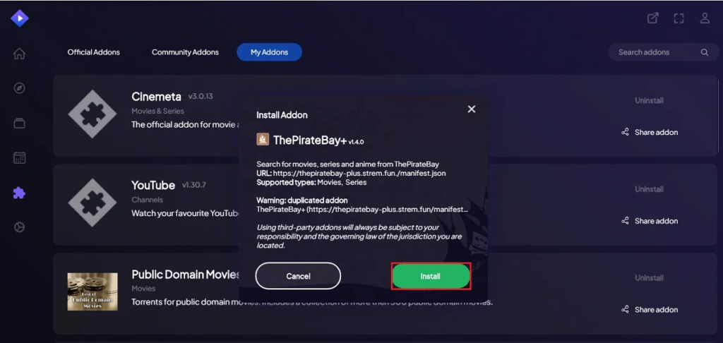 Comment Installer les Addons sur Stremio Prompt d'installation