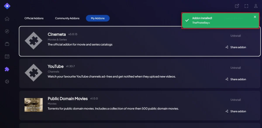 Comment Installer les Addons sur Stremio Installation réussie