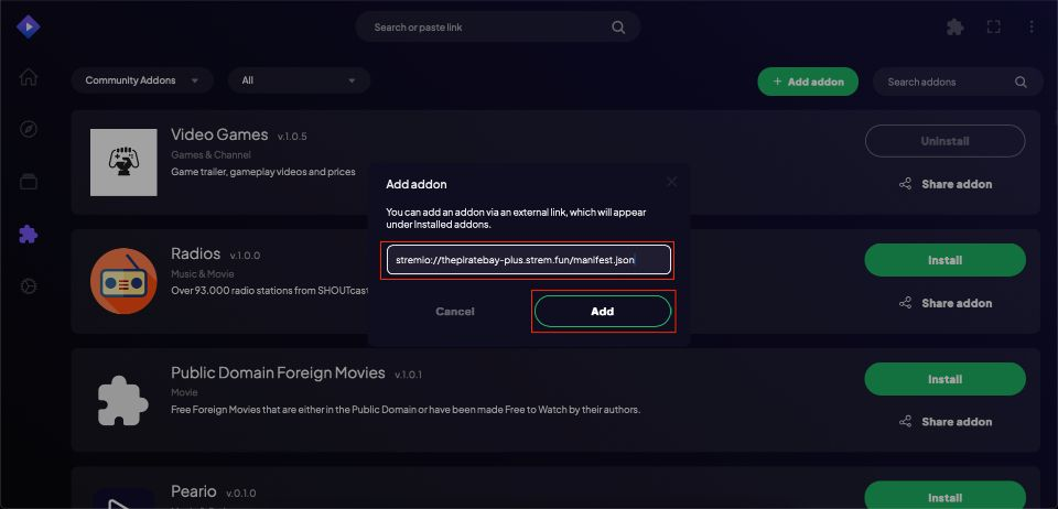 Comment Installer les Addons sur Stremio Coller le lien